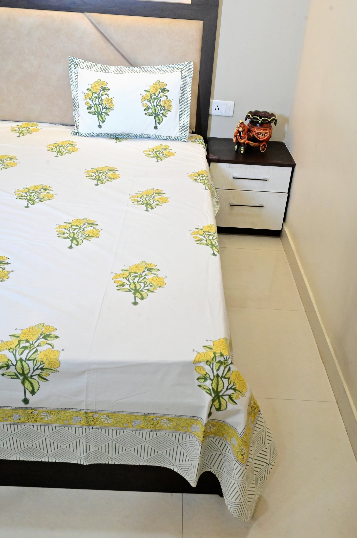 Marigold Charm Double Bed Super King Size Bedsheet Super Premium Cotton Fabric with 2 Pillow Covers