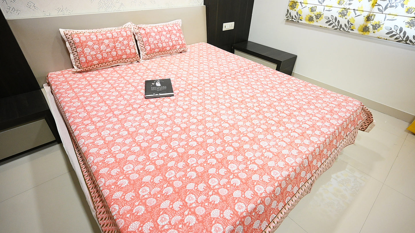 Peach Perfection Double Bed King Size Cotton Bedsheet with 2 Pillow Covers