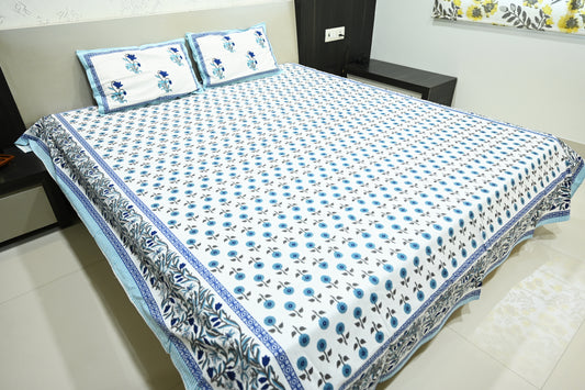 Serene Sky Blue Double Bed King Size Cotton Bedsheet with 2 Pillow Covers