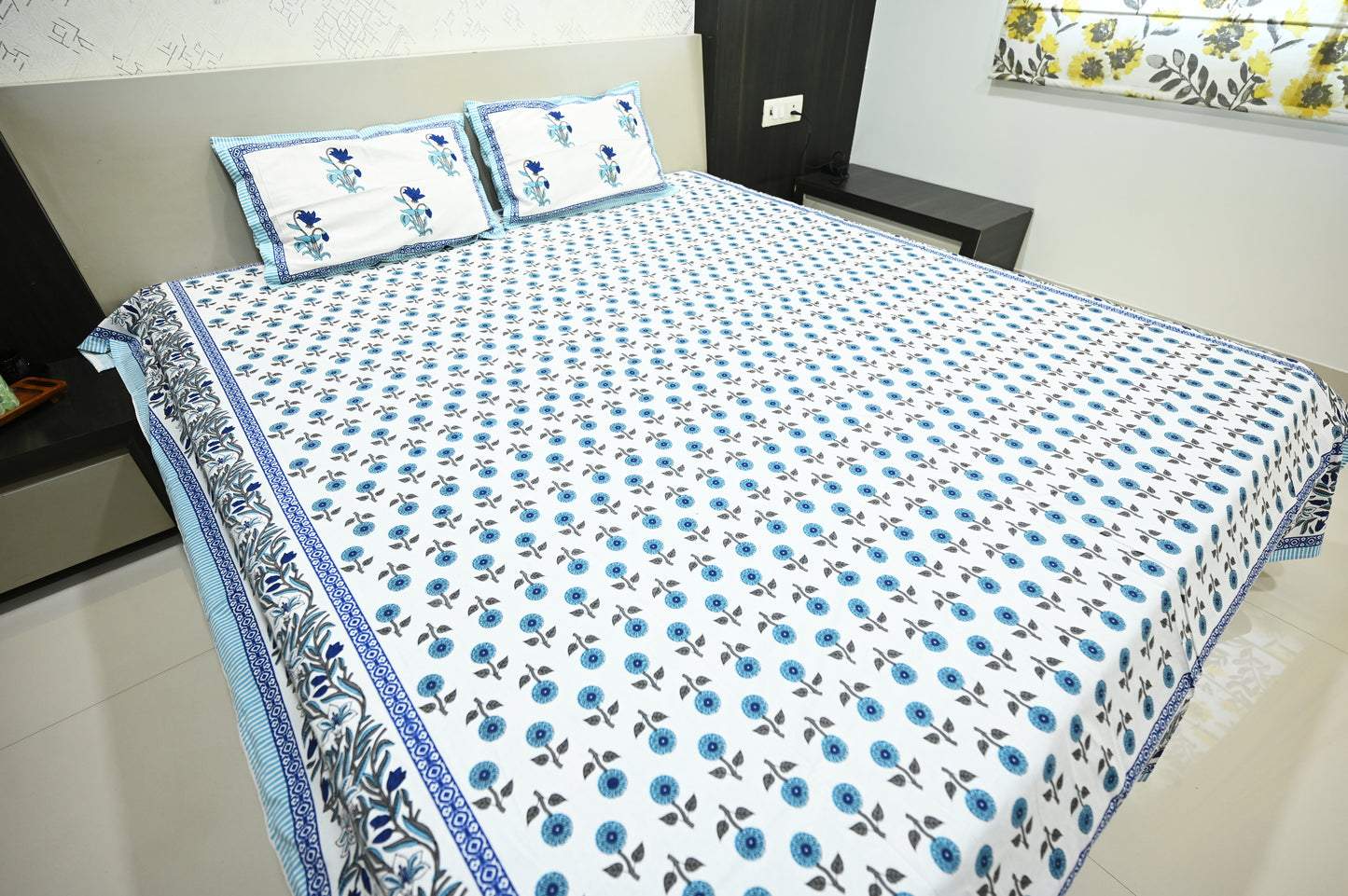 Serene Sky Blue Double Bed King Size Cotton Bedsheet with 2 Pillow Covers