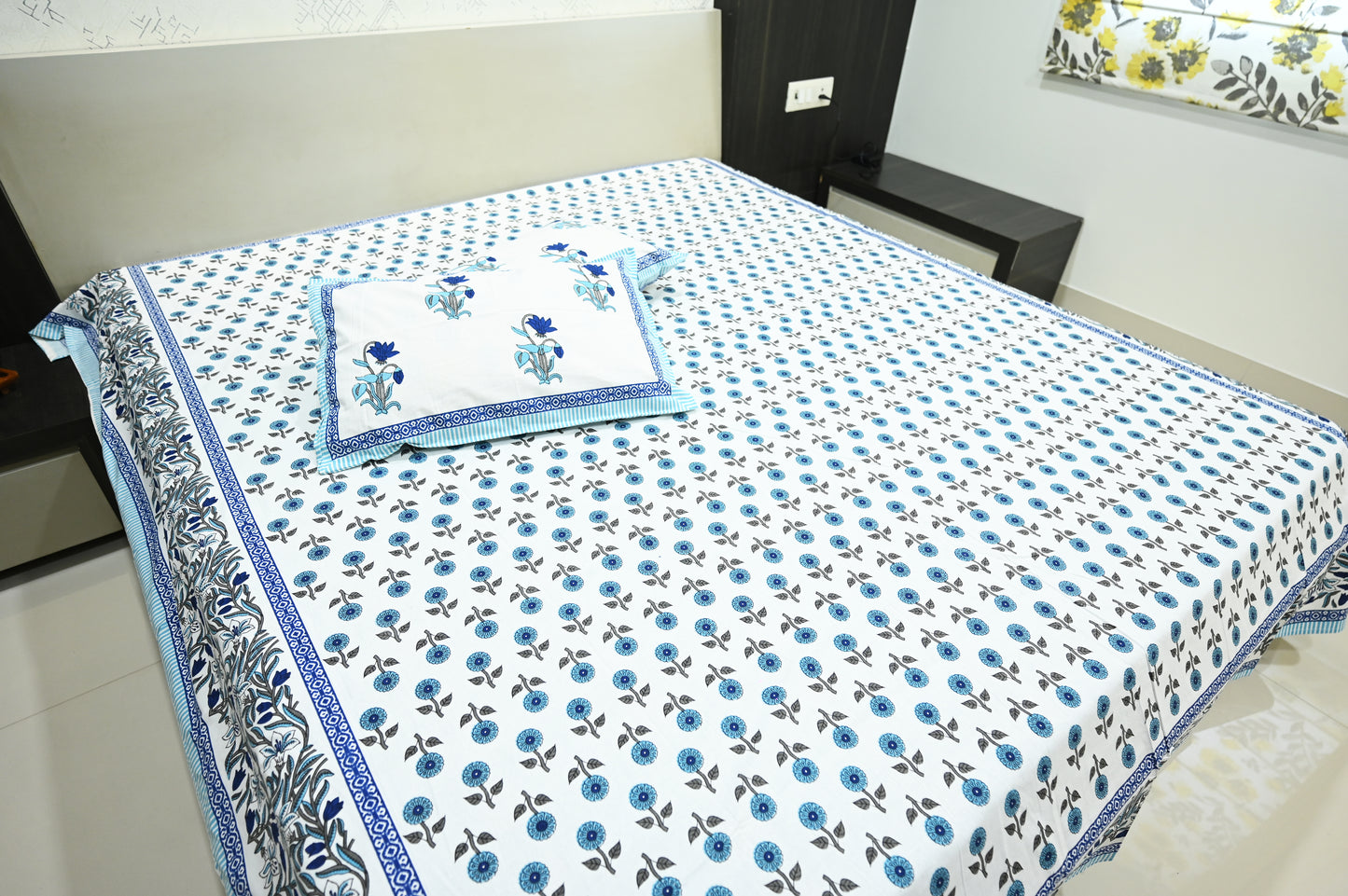 Serene Sky Blue Double Bed King Size Cotton Bedsheet with 2 Pillow Covers