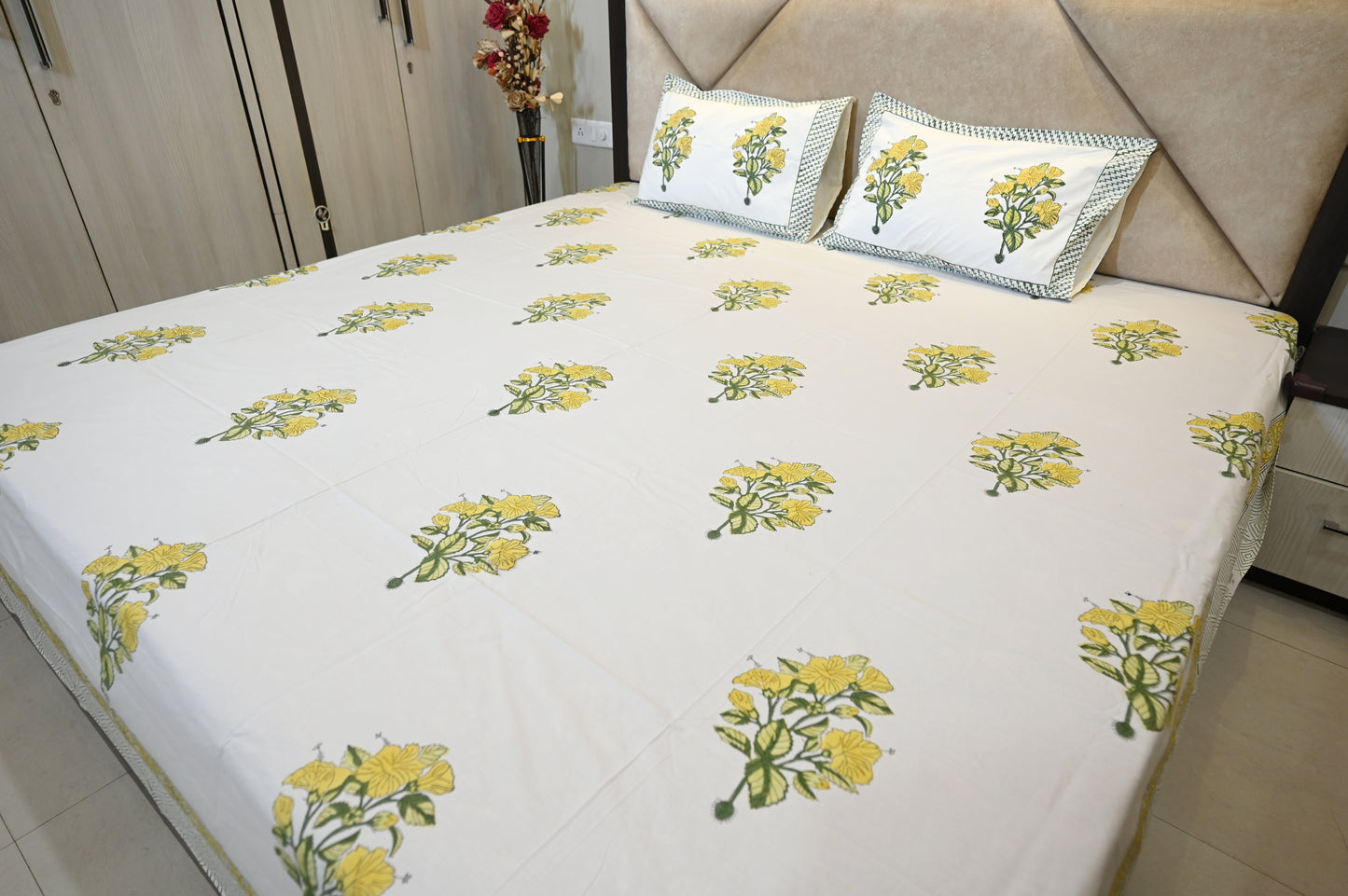 Marigold Charm Double Bed Super King Size Bedsheet Super Premium Cotton Fabric with 2 Pillow Covers