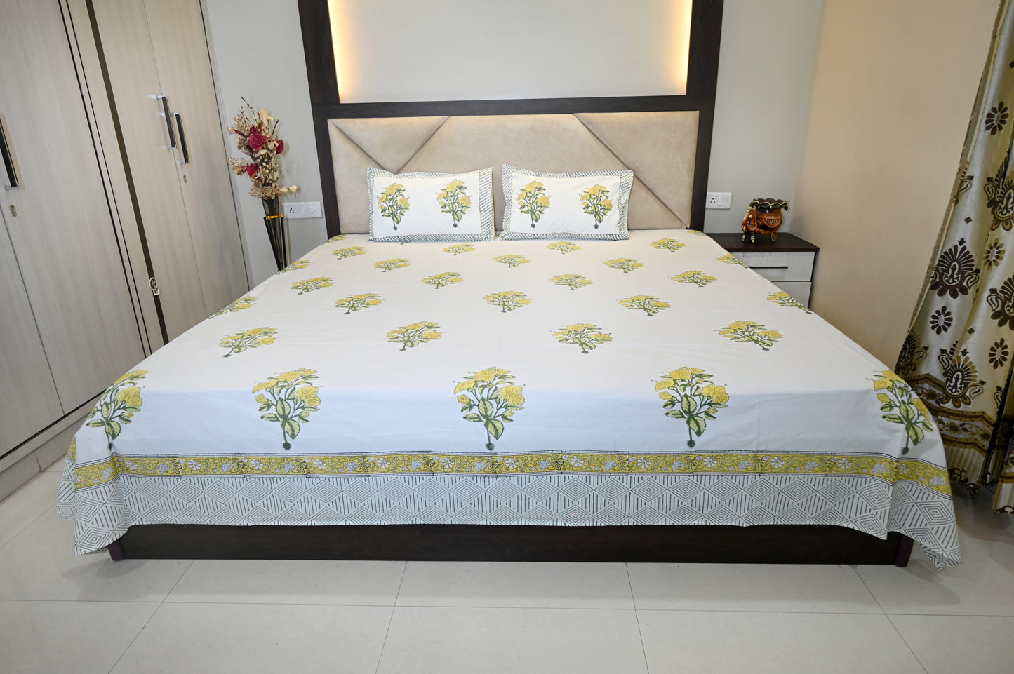 Marigold Charm Double Bed Super King Size Bedsheet Super Premium Cotton Fabric with 2 Pillow Covers