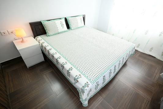 Desert Garden Green Double Bed Screen Print Bedsheet