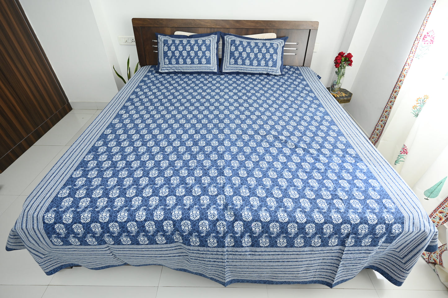 Jaipur Indigo Symphony  Double Bed Screen Print Bedsheet