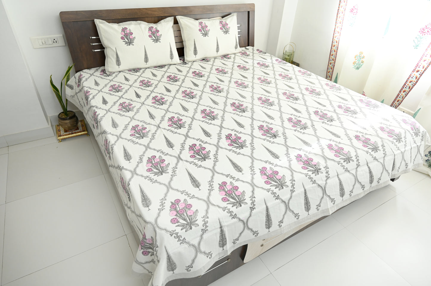 Jaipur Blossom Double Bed Screen Print Bedsheet