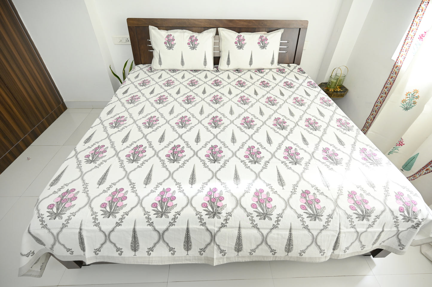 Jaipur Blossom Double Bed Screen Print Bedsheet