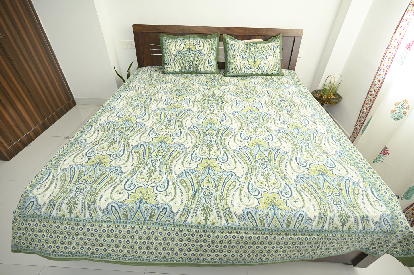 Floral Essence Green Double Bed Screen Print Bedsheet