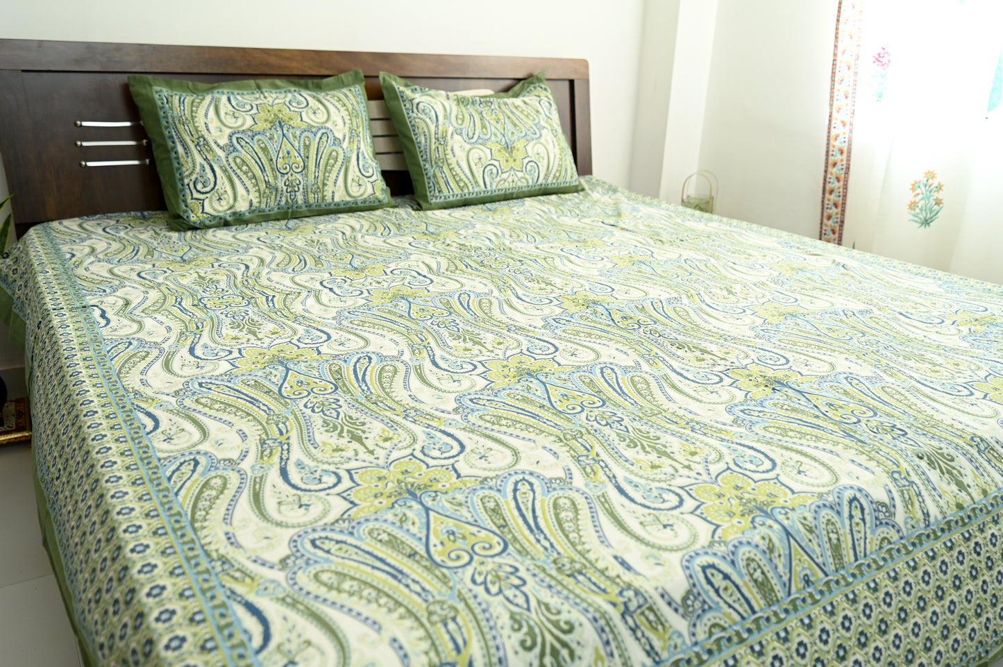 Floral Essence Green Double Bed Screen Print Bedsheet