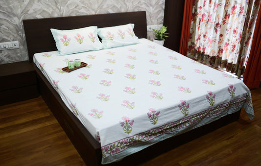 Handblock Bouquet Double Bed King Size Bedsheet with 2 Pillow Covers