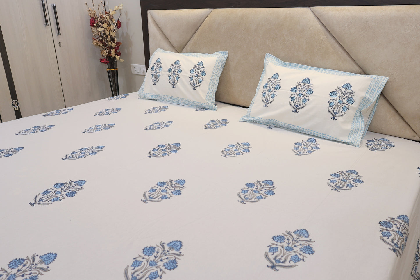 Indigo Infusion Double Bed Super King Size Bedsheet Premium Fabric with 2 Pillow Covers