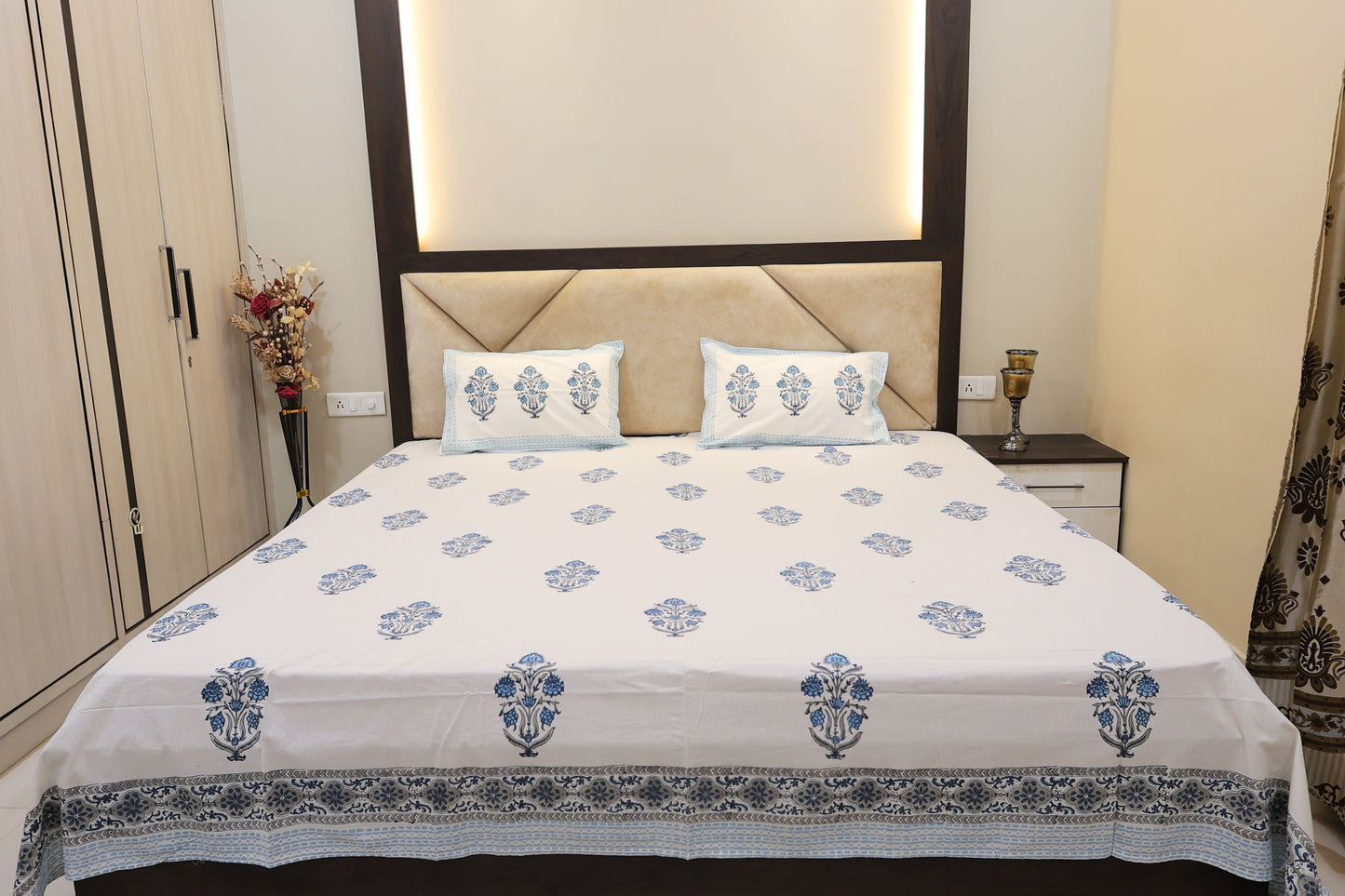 Indigo Infusion Double Bed Super King Size Bedsheet Premium Fabric with 2 Pillow Covers