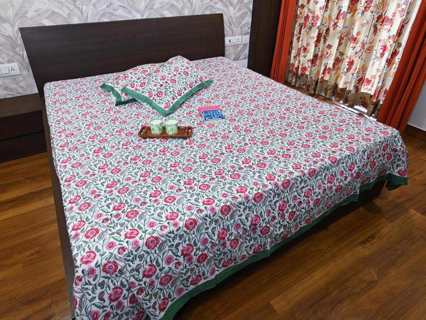 Meadow Melody Cotton Double Bed King Size Bedsheet Percale Premium Fabric with 2 Pillow Covers