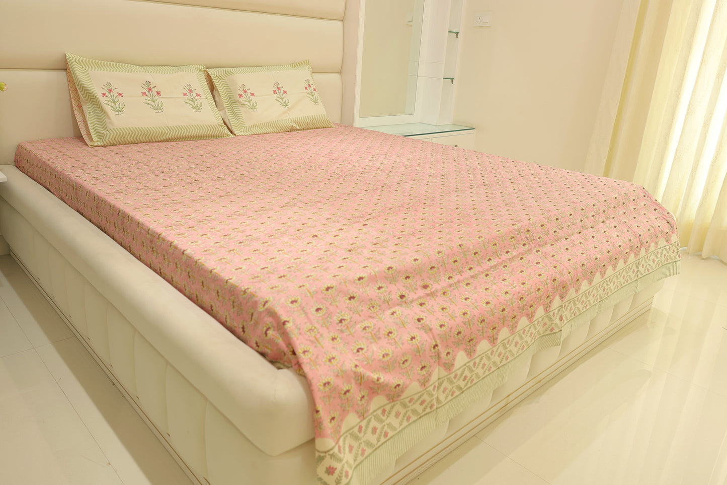 Pink Paradise Jaipuri Print Double Bed King Size Bedsheet with 2 Pillow Covers