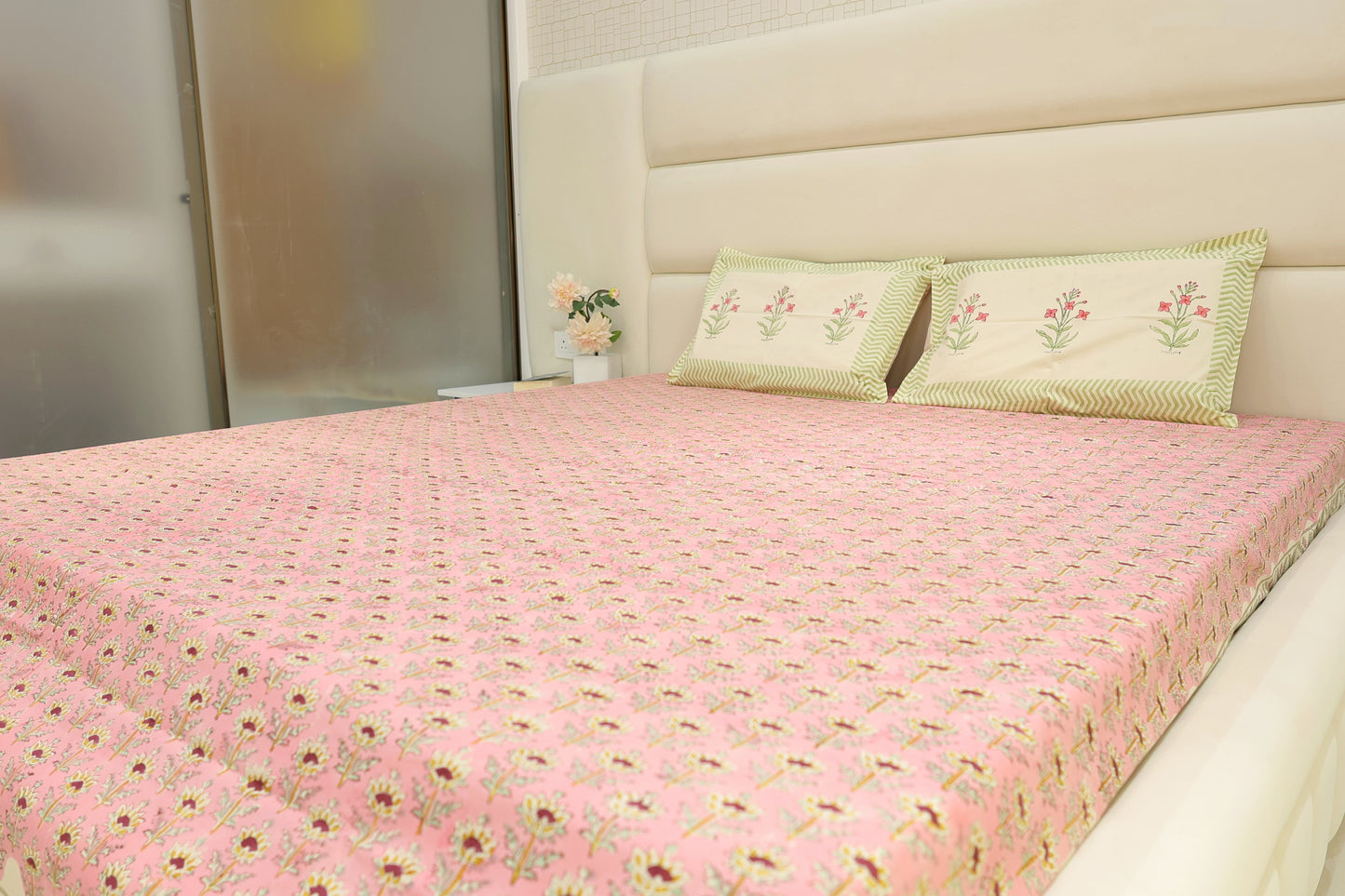 Pink Paradise Jaipuri Print Double Bed King Size Bedsheet with 2 Pillow Covers