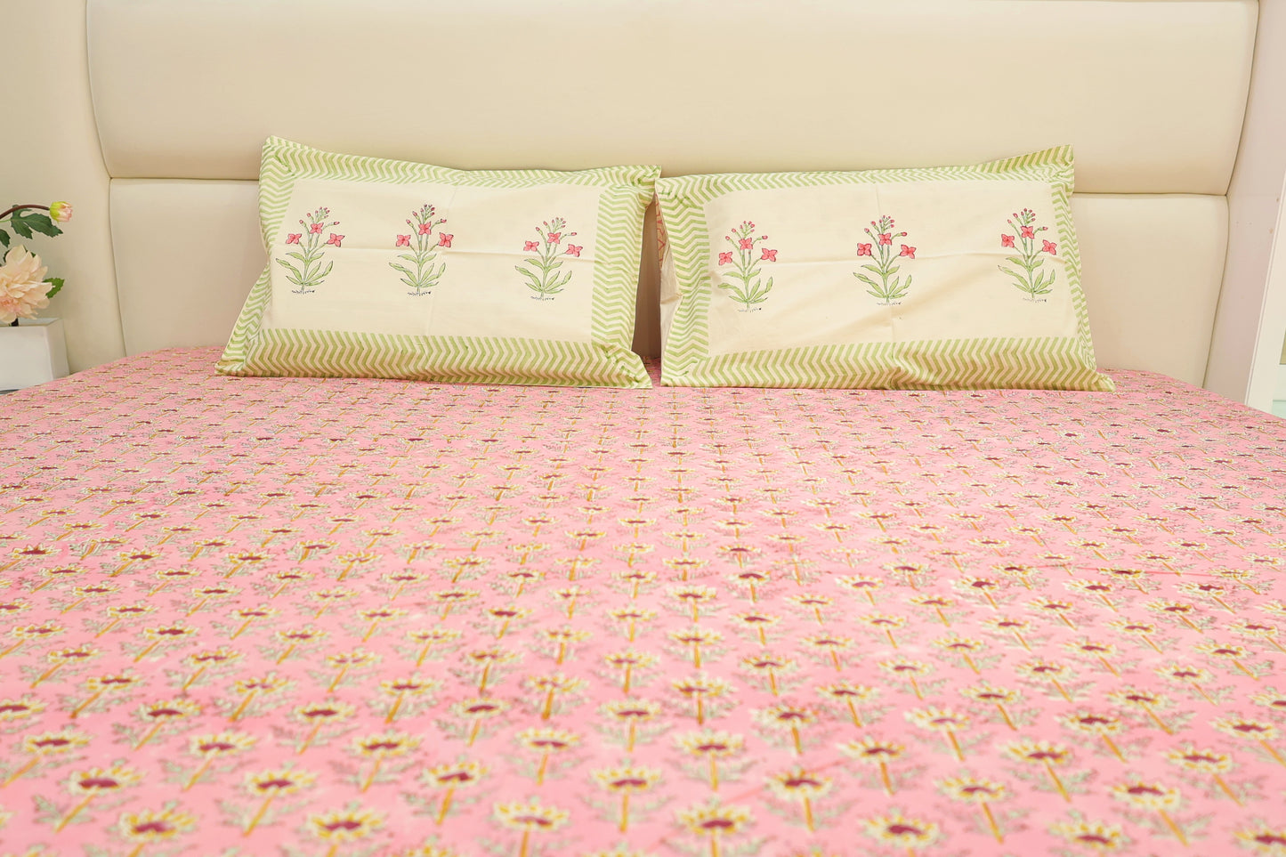 Pink Paradise Jaipuri Print Double Bed King Size Bedsheet with 2 Pillow Covers