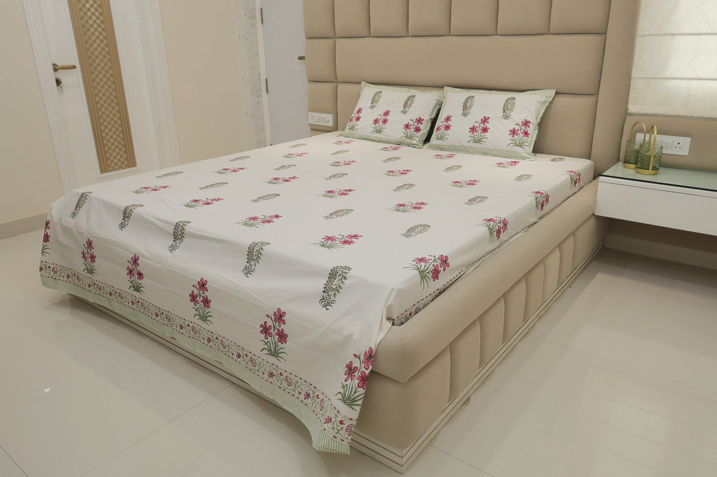 Rosy Blossom Jaipuri Print Double Bed King Size Bedsheet with 2 Pillow Covers