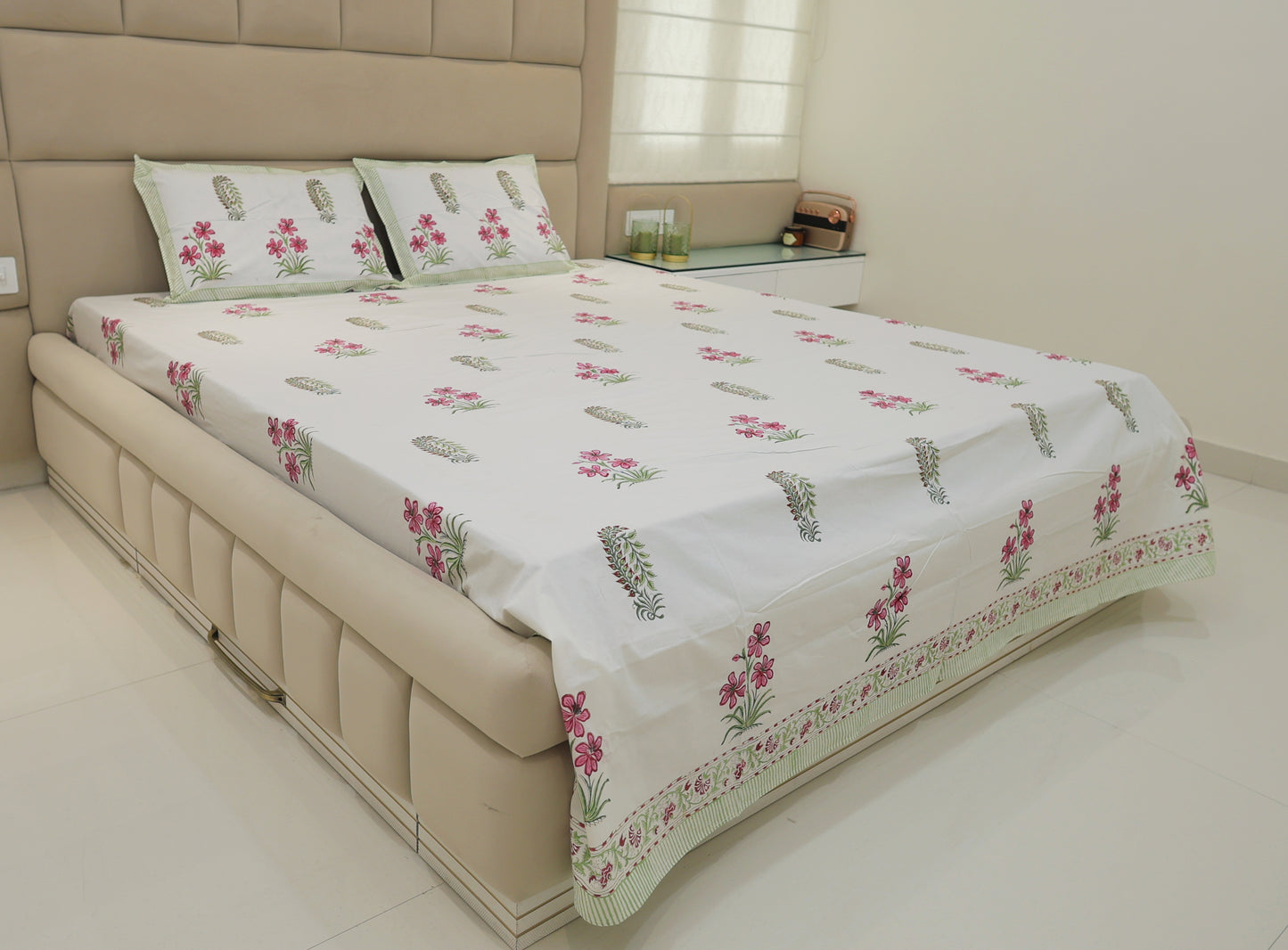 Rosy Blossom Jaipuri Print Double Bed King Size Bedsheet with 2 Pillow Covers