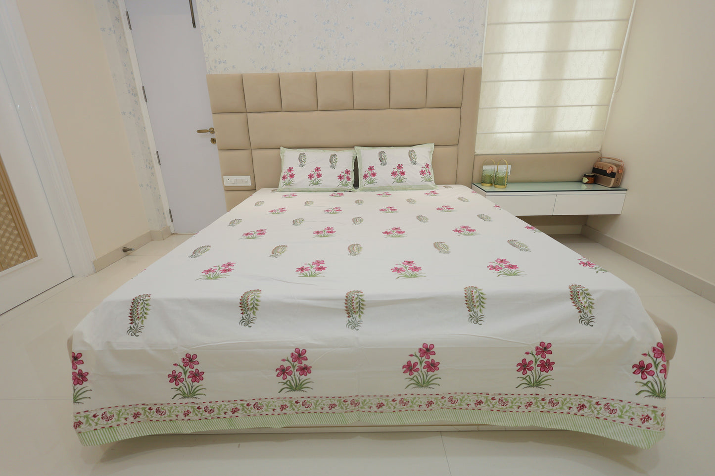 Rosy Blossom Jaipuri Print Double Bed King Size Bedsheet with 2 Pillow Covers